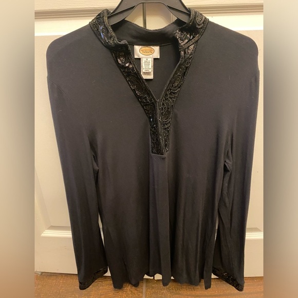 Talbots Womens Black Tunic Top Sequin Embroidered Split Neck Size Medium - Picture 1 of 6
